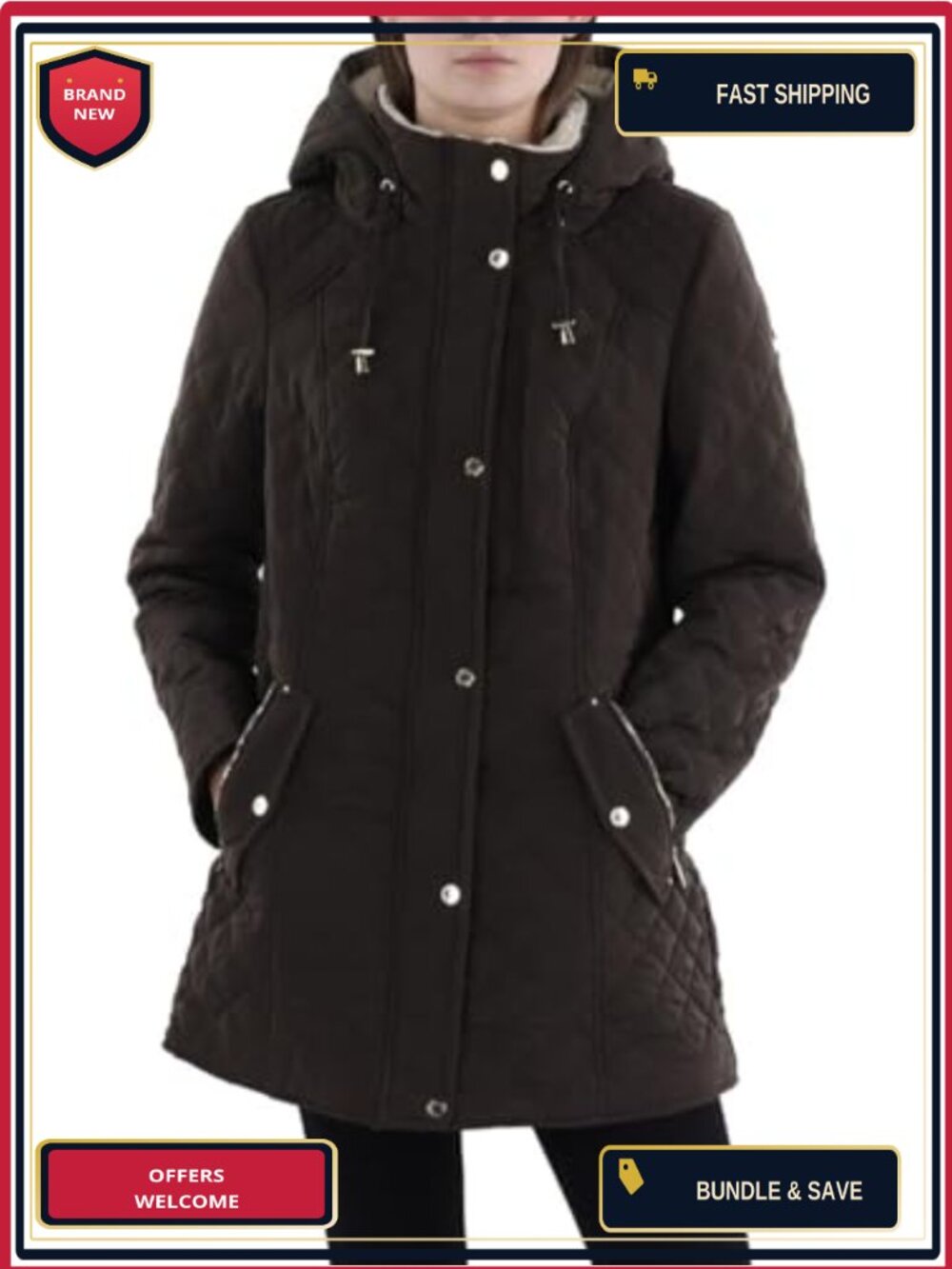 Women's Quilted Faux Shearling Jacket with Hood, Lightweight Zip Front